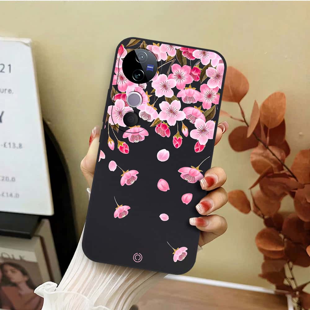 Vivo V40 Cover - Black - D3 - ONation Nature Floral Series - HQ Liquid Silicone Soft Case