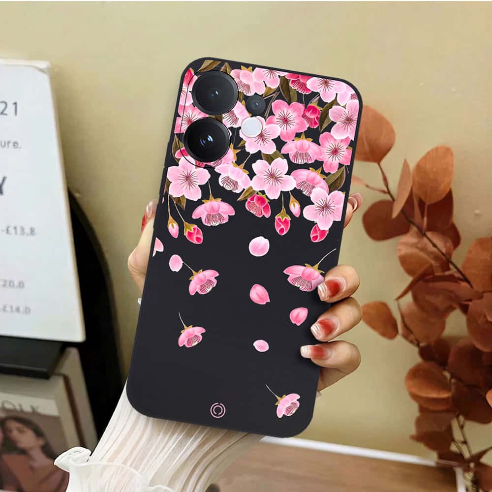 Vivo V60 Cover - Black - D3 - ONation Nature Floral Series - HQ Liquid Silicone Soft Case