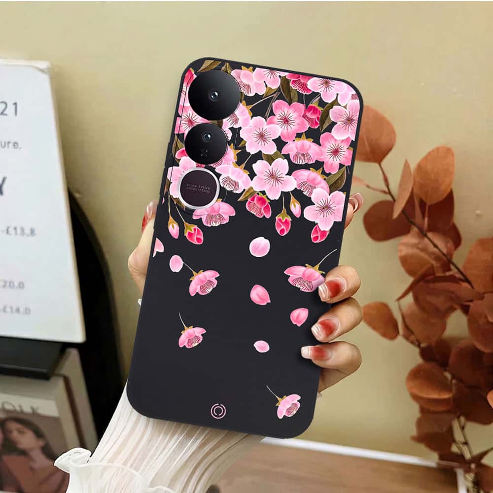 Vivo V50 Lite Cover - Black - D3 - ONation Nature Floral Series - HQ Liquid Silicone Soft Case