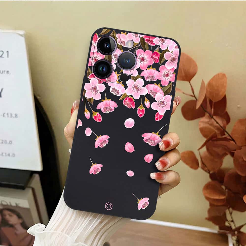 iPhone 14 Pro Max Cover - Black - D3 - ONation Nature Floral Series - HQ Liquid Silicone Soft Case