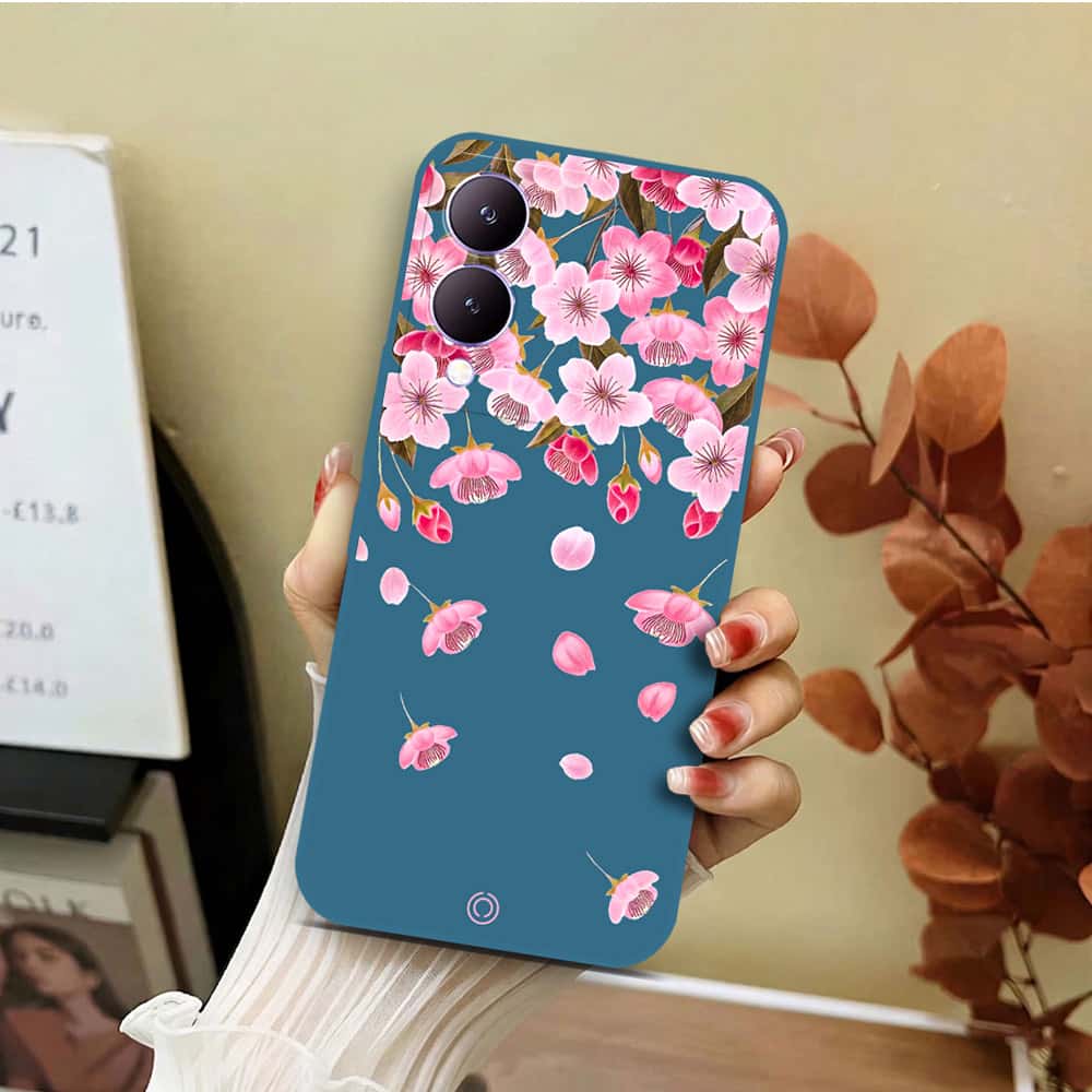 Vivo Y17s Cover - Blue - D3 - ONation Nature Floral Series - HQ Liquid Silicone Soft Case