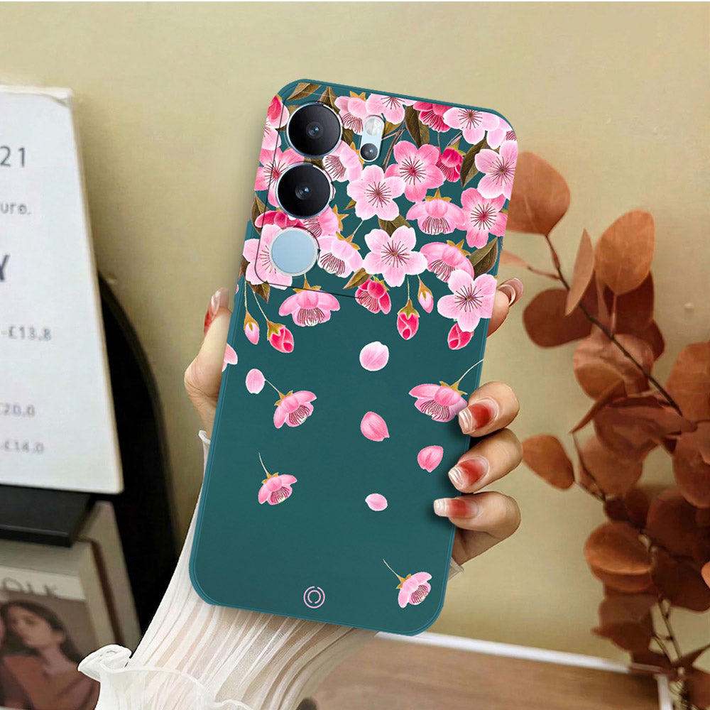 Vivo V29 Cover - Dark Green - D3 - ONation Nature Floral Series - HQ Liquid Silicone Soft Case