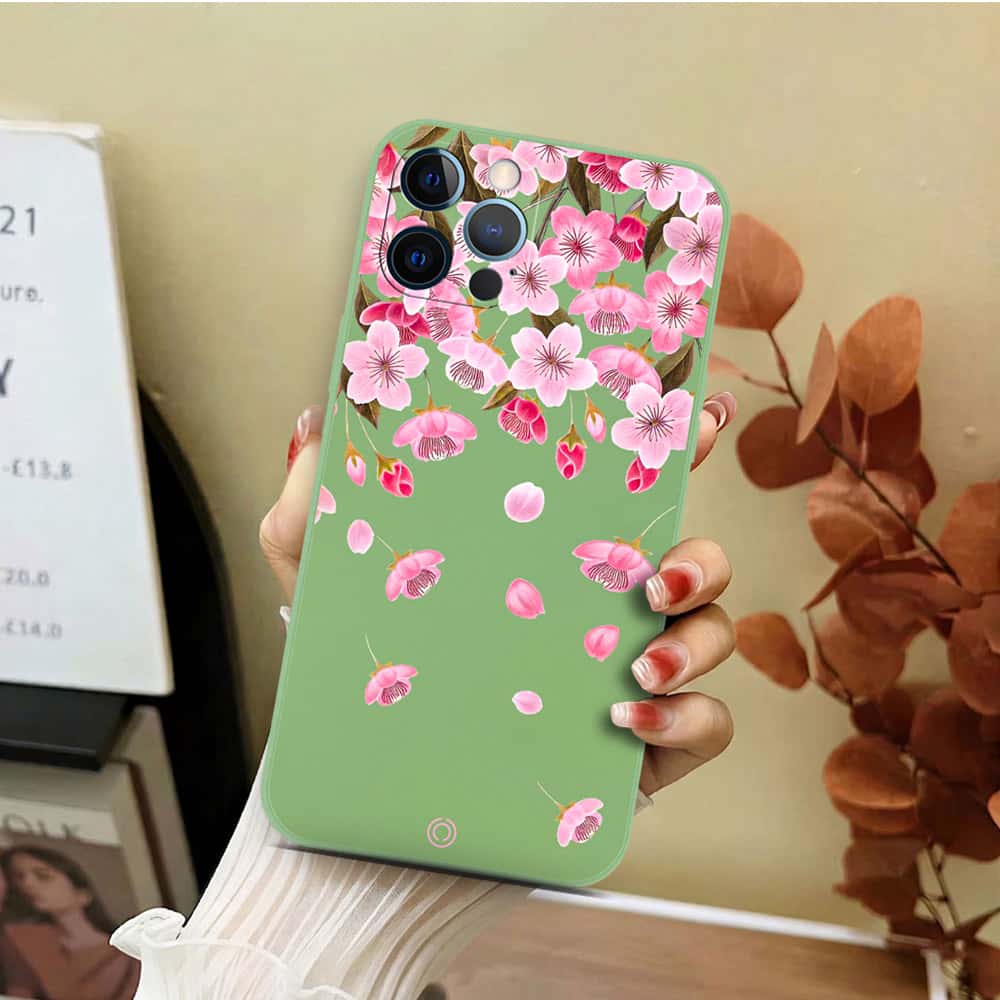 iPhone 12 Pro Cover - Light Green - D3 - ONation Nature Floral Series - HQ Liquid Silicone Soft Case