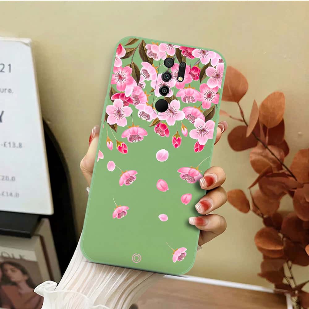 Xiaomi Redmi 9 Cover - Light Green - D3 - ONation Nature Floral Series - HQ Liquid Silicone Soft Case
