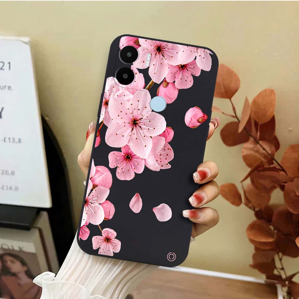 Xiaomi Redmi A1 Plus Cover - Black - D4 - ONation Nature Floral Series - HQ Liquid Silicone Soft Case