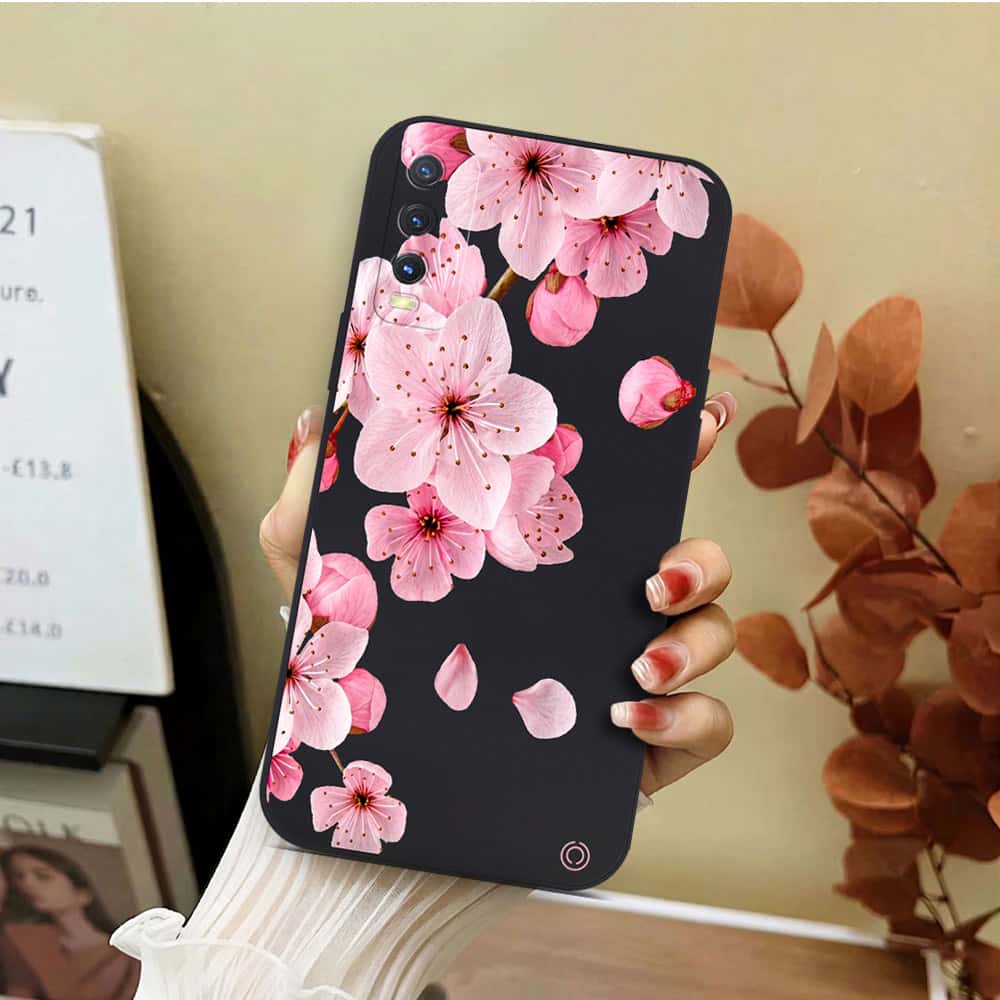 Vivo Y12s Cover - Black - D4 - ONation Nature Floral Series - HQ Liquid Silicone Soft Case