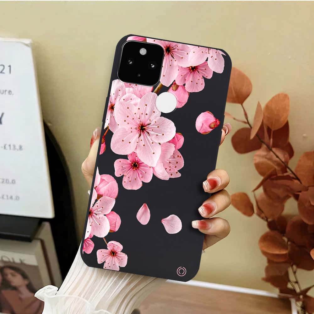 Google Pixel 5a 5G Cover - Black - D4 - ONation Nature Floral Series - HQ Liquid Silicone Soft Case