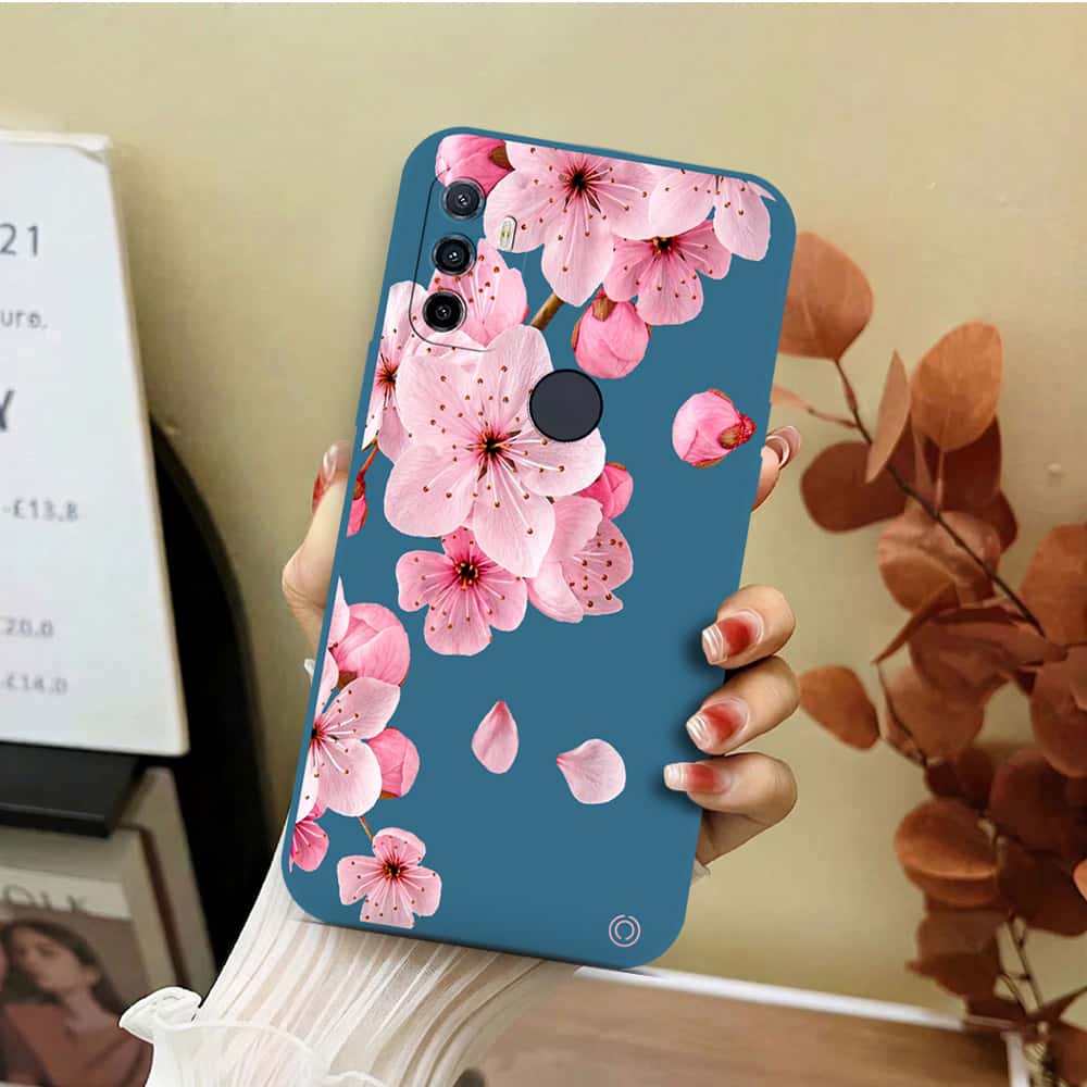 Oppo A32 Cover - Blue - D4 - ONation Nature Floral Series - HQ Liquid Silicone Soft Case
