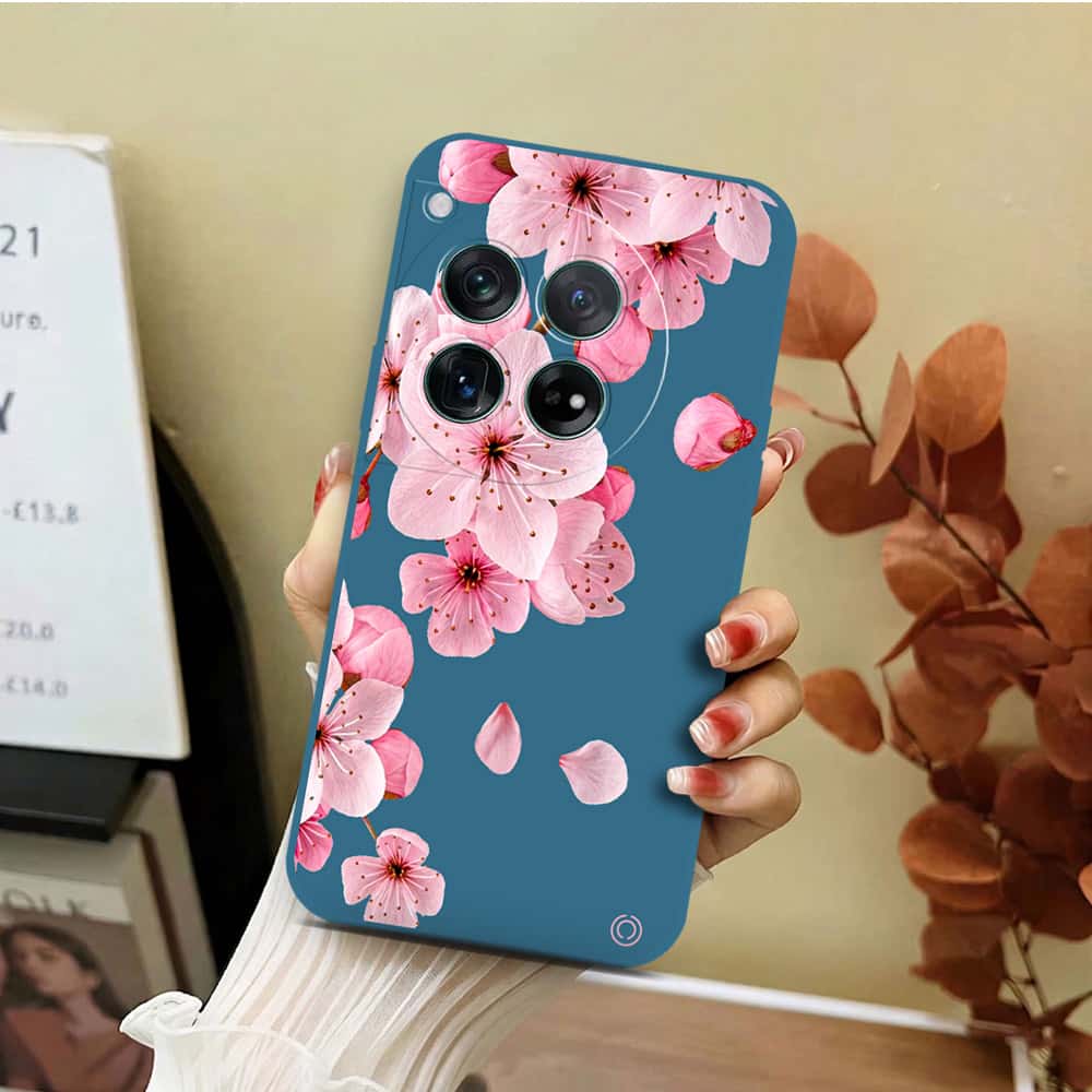 OnePlus 12 Cover - Blue - D4 - ONation Nature Floral Series - HQ Liquid Silicone Soft Case