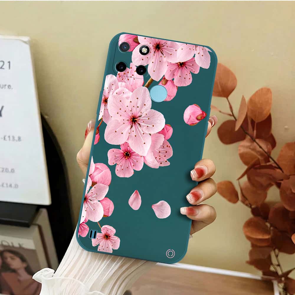 Realme C21Y Cover - Dark Green - D4 - ONation Nature Floral Series - HQ Liquid Silicone Soft Case