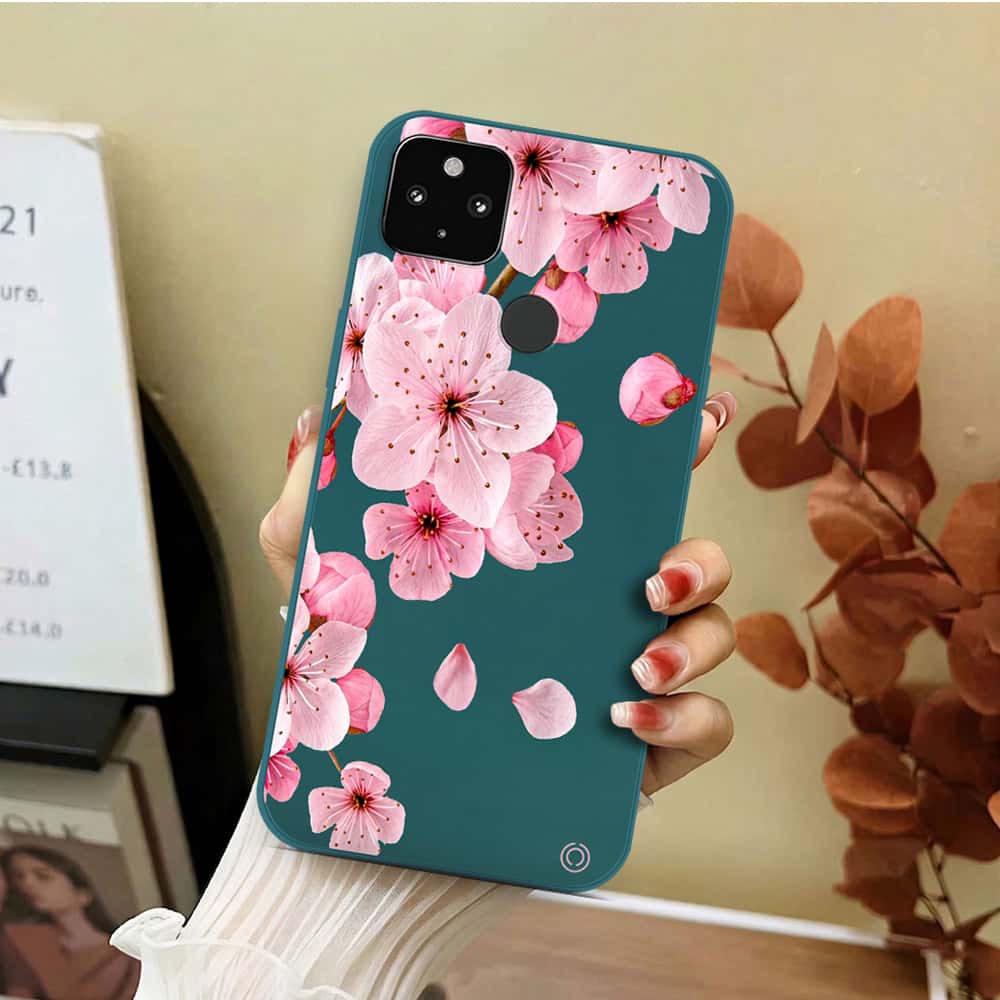Google Pixel 5 Cover - Dark Green - D4 - ONation Nature Floral Series - HQ Liquid Silicone Soft Case