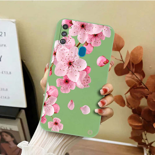 Samsung Galaxy M21 Cover - Light Green - D4 - ONation Nature Floral Series - HQ Liquid Silicone Soft Case
