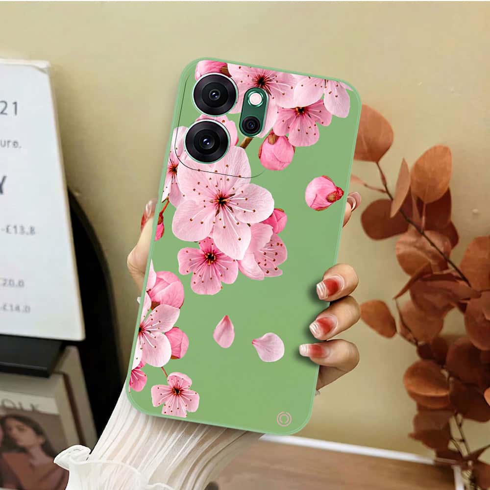 Oppo Reno 14F Cover - Light Green - D4 - ONation Nature Floral Series - HQ Liquid Silicone Soft Case
