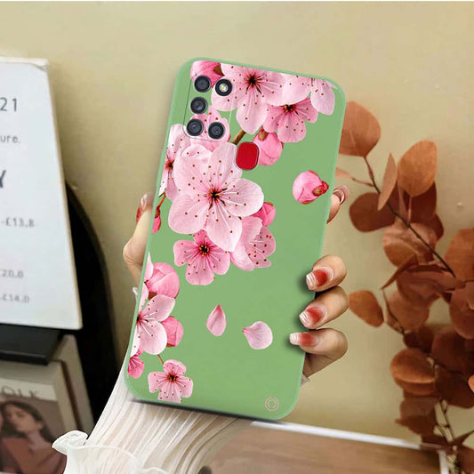 Samsung Galaxy A21s Cover - Light Green - D4 - ONation Nature Floral Series - HQ Liquid Silicone Soft Case