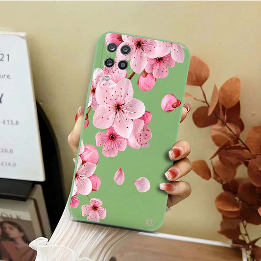 Samsung Galaxy A12 Cover - Light Green - D4 - ONation Nature Floral Series - HQ Liquid Silicone Soft Case