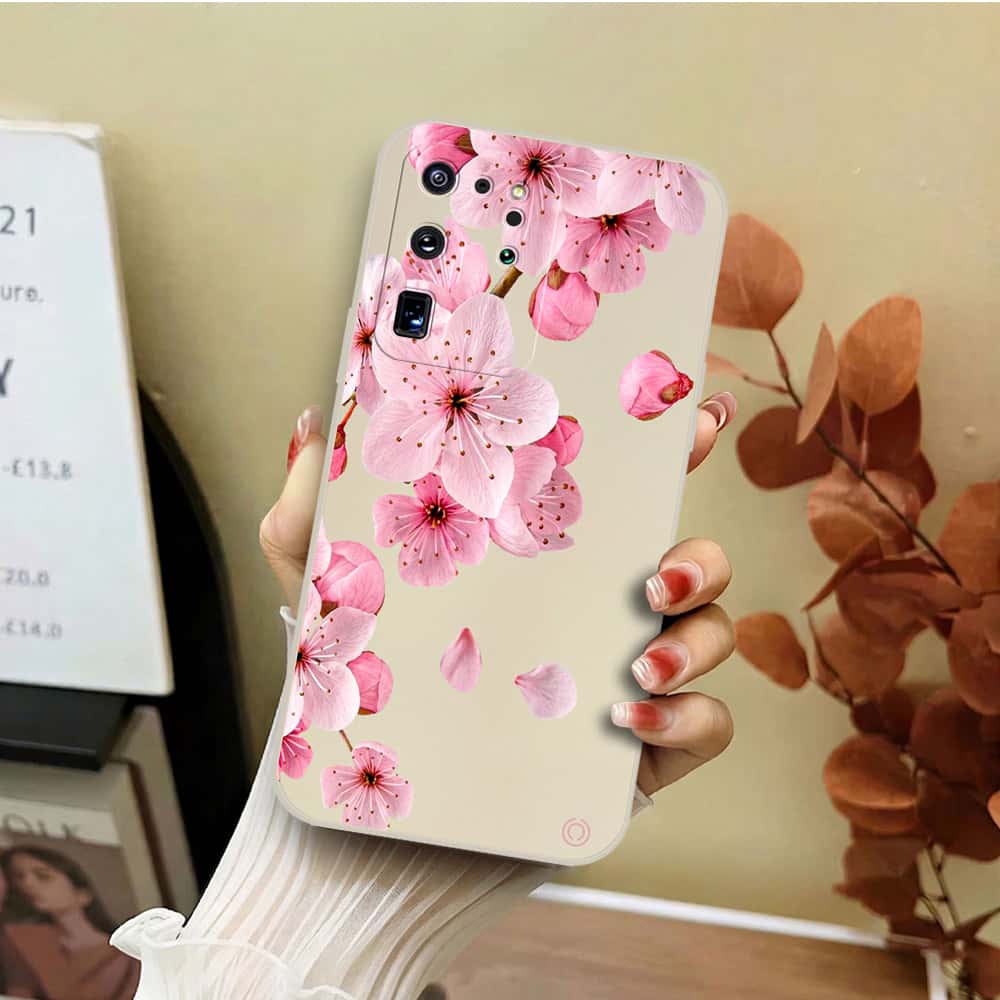 Samsung Galaxy S20 Ultra Cover - Off White - D4 - ONation Nature Floral Series - HQ Liquid Silicone Soft Case