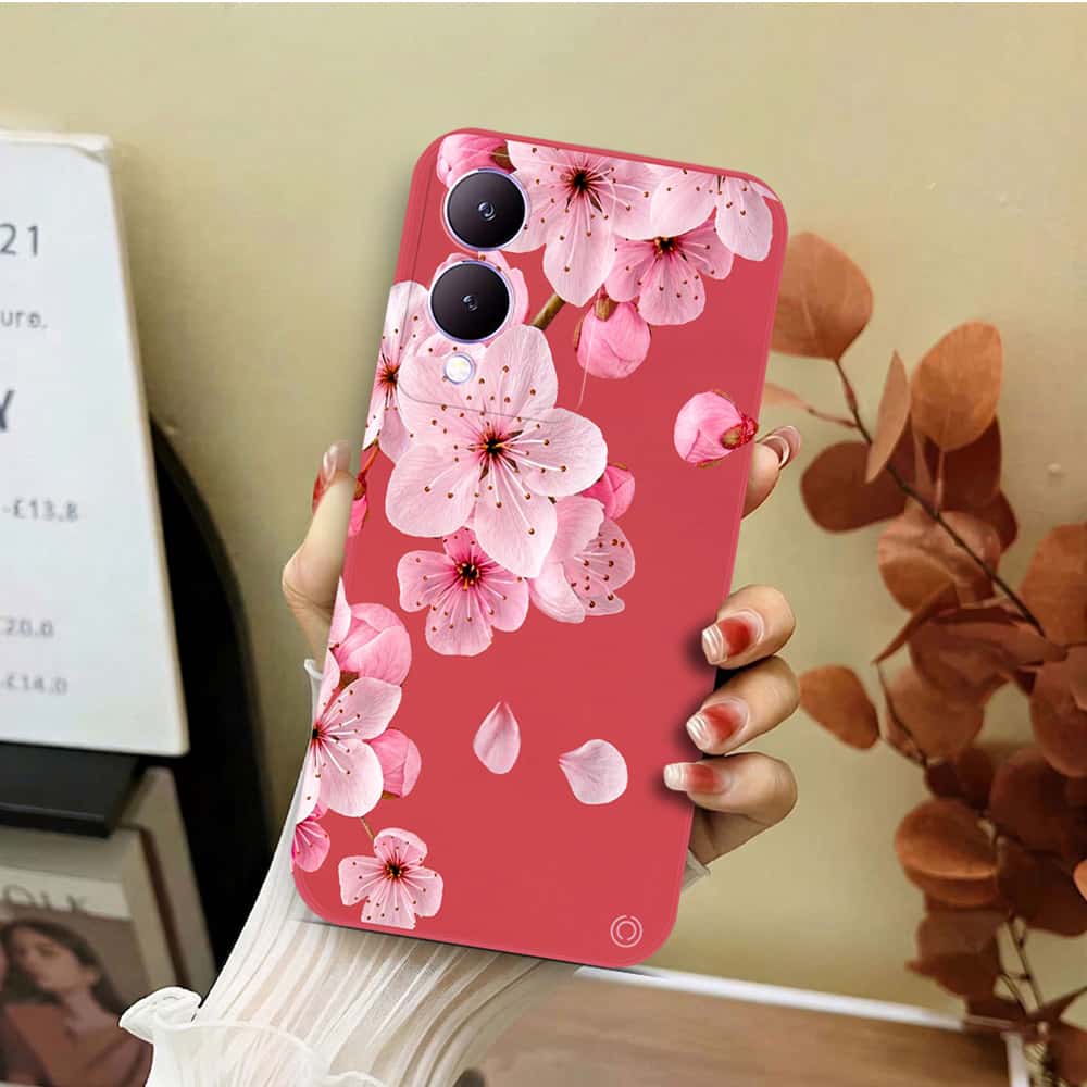 Vivo Y17s Cover - Red - D4 - ONation Nature Floral Series - HQ Liquid Silicone Soft Case