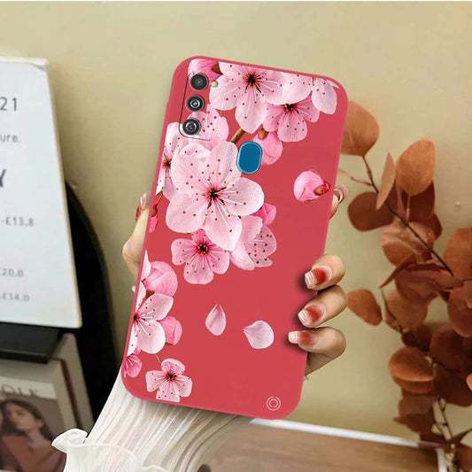 Samsung Galaxy M21 Cover - Red - D4 - ONation Nature Floral Series - HQ Liquid Silicone Soft Case