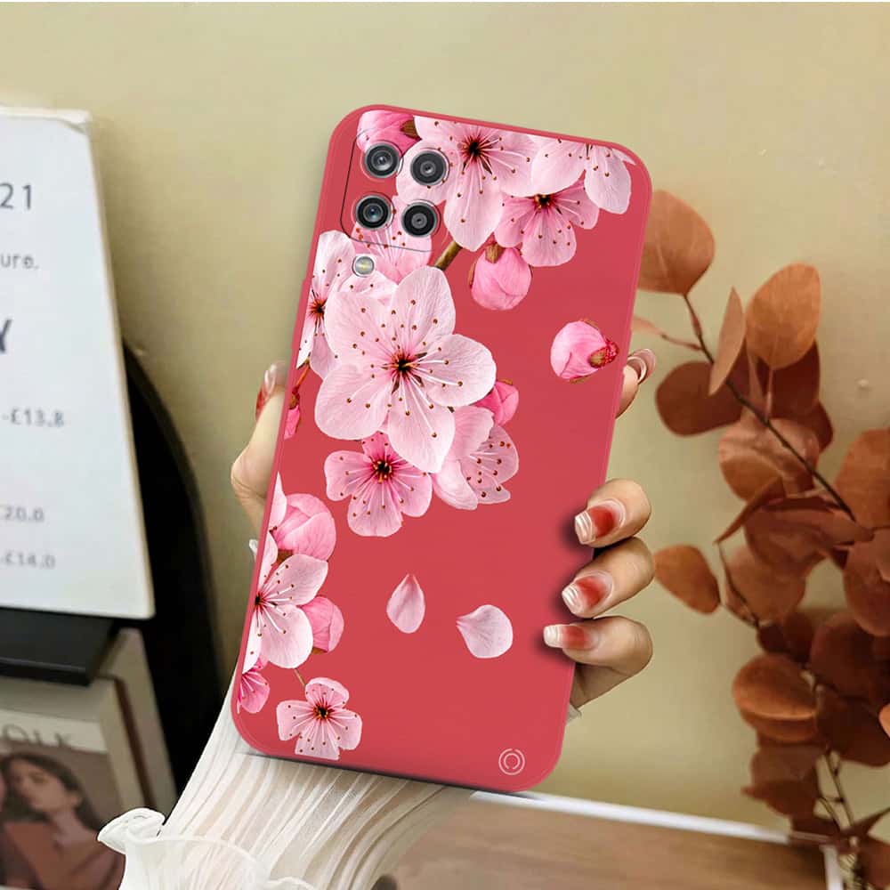 Samsung Galaxy A12 Cover - Red - D4 - ONation Nature Floral Series - HQ Liquid Silicone Soft Case