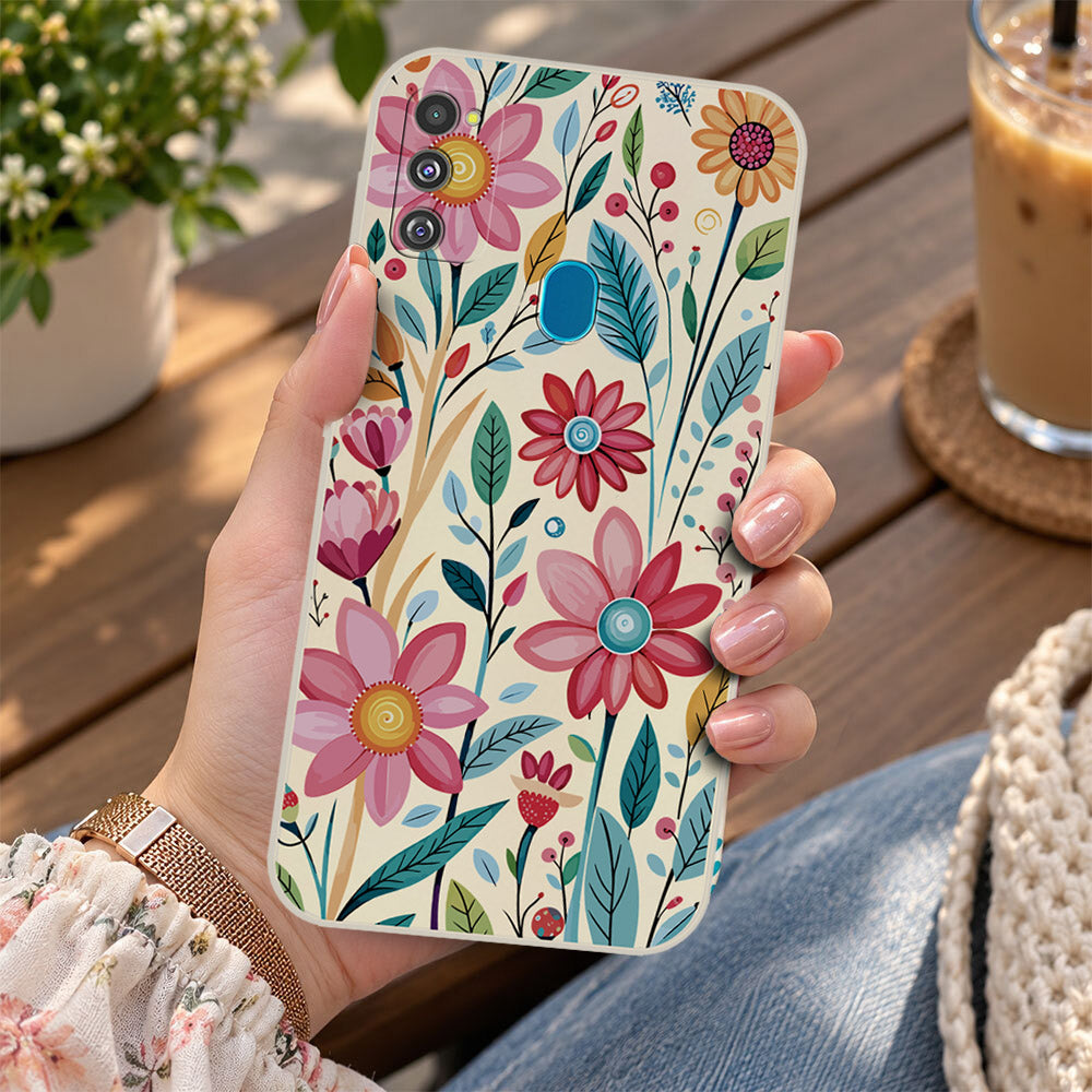 Samsung Galaxy M21 Cover - Off White - D3 - ONation Petal Whismy Series - HQ Liquid Silicone Soft Case