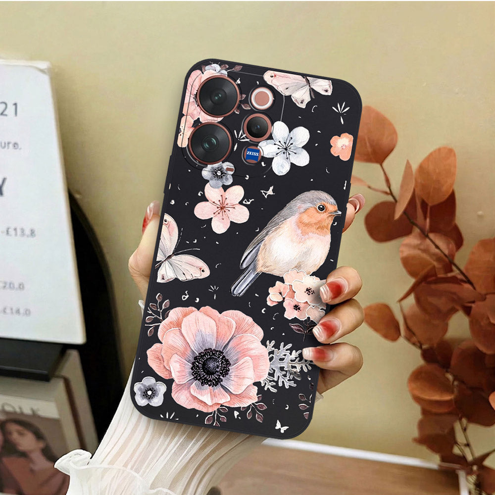 Vivo V70 Cover - Black - D1 - ONation Nature Floral Series - HQ Liquid Silicone Soft Case