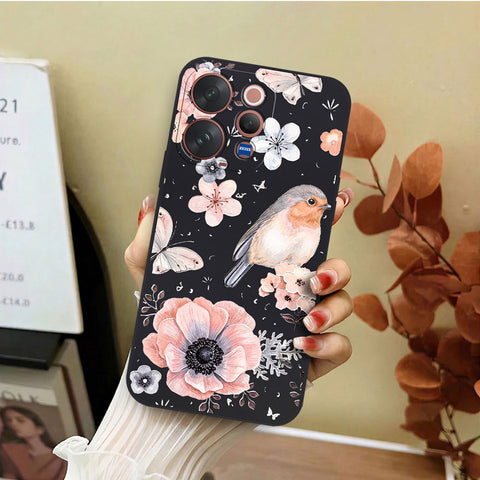 Vivo V70 Cover - Black - D1 - ONation Nature Floral Series - HQ Liquid Silicone Soft Case