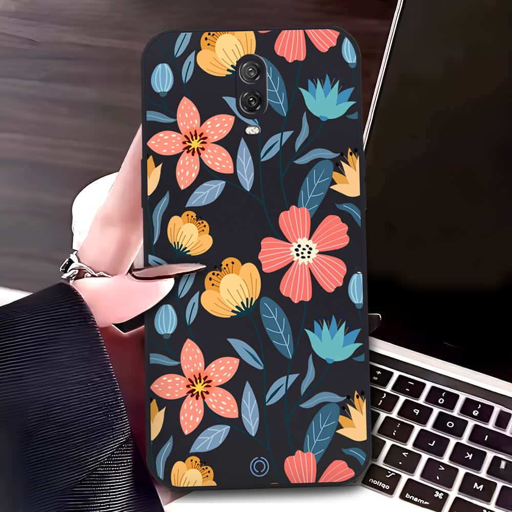 OnePlus 6T Cover - Black - D2 - ONation Floral Series - HQ Liquid Silicone Soft Case