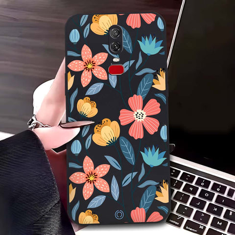 OnePlus 6 Cover - Black - D2 - ONation Floral Series - HQ Liquid Silicone Soft Case