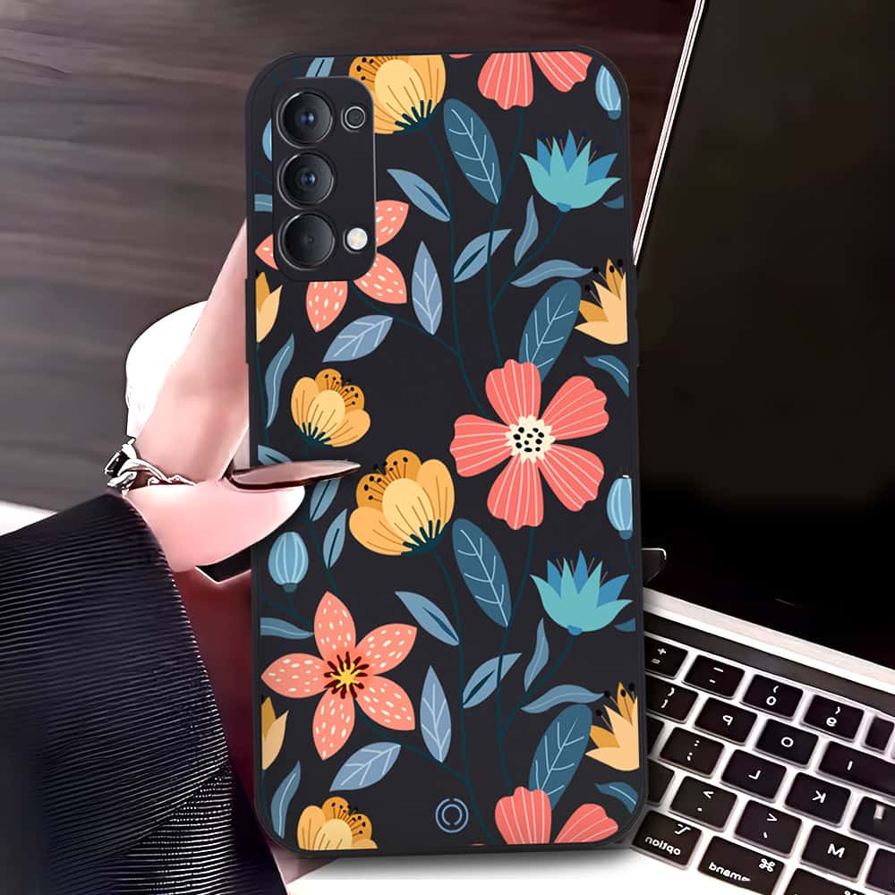 Oppo Reno 4 5G Cover - Black - D2 - ONation Floral Series - HQ Liquid Silicone Soft Case