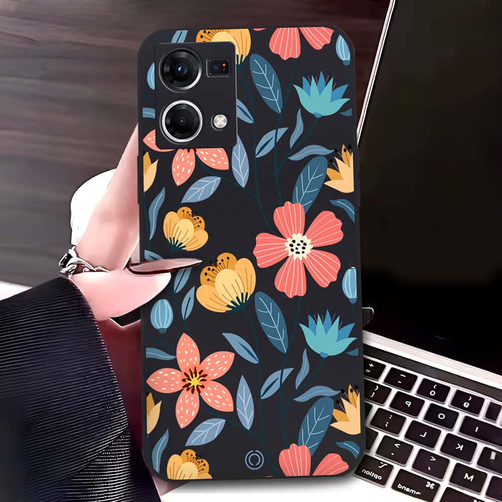Oppo F21 Pro 4G Cover - Black - D2 - ONation Floral Series - HQ Liquid Silicone Soft Case
