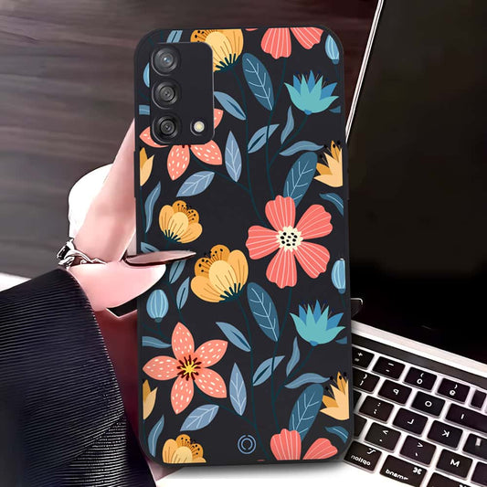 Oppo F19 Cover - Black - D2 - ONation Floral Series - HQ Liquid Silicone Soft Case