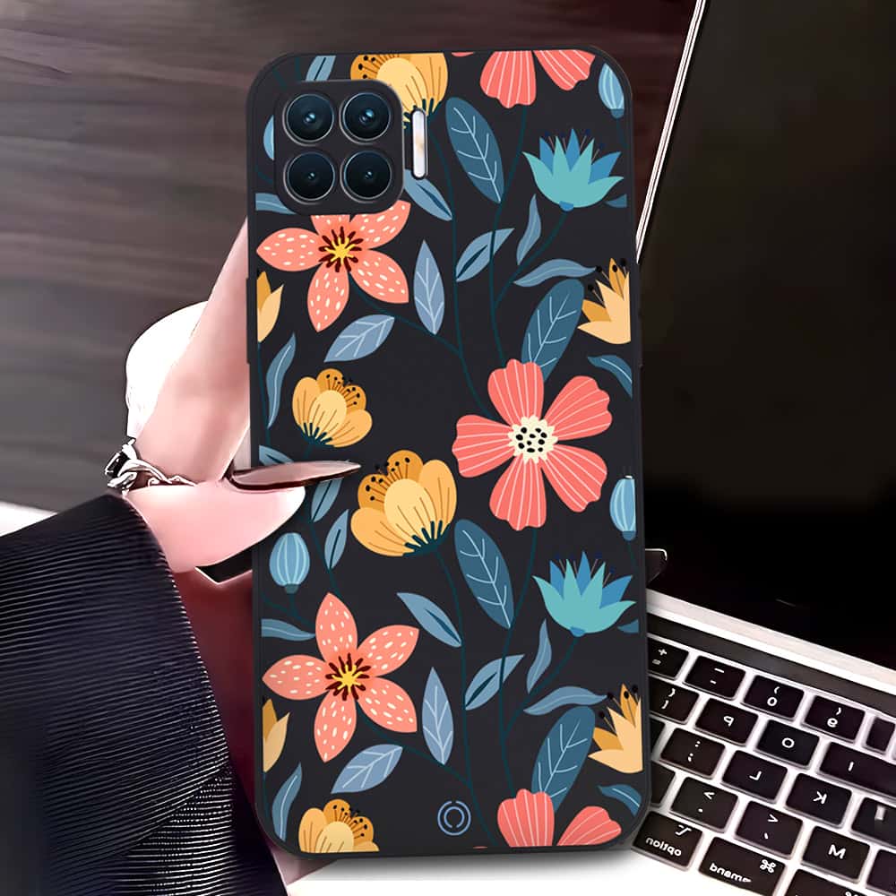 Oppo F17 Cover - Black - D2 - ONation Floral Series - HQ Liquid Silicone Soft Case