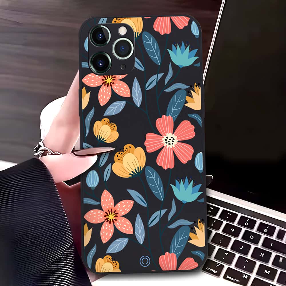 iPhone 11 Pro Max Cover - Black - D2 - ONation Floral Series - HQ Liquid Silicone Soft Case