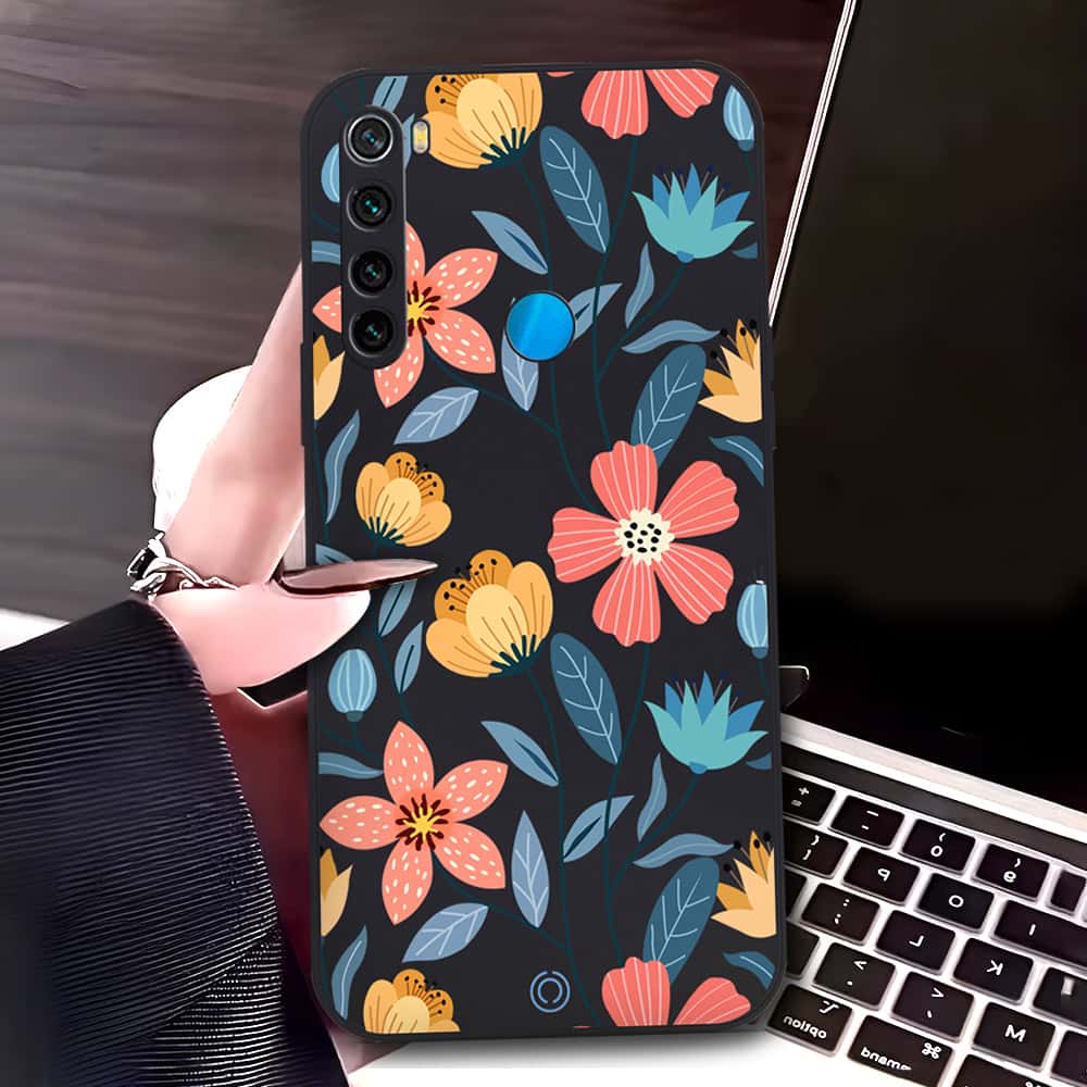 Xiaomi Redmi Note 8 Cover - Black - D2 - ONation Floral Series - HQ Liquid Silicone Soft Case