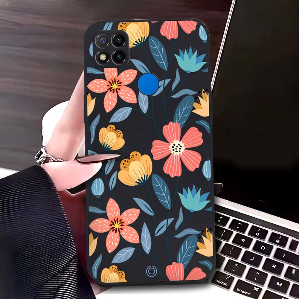 Xiaomi Redmi 9C Cover - Black - D2 - ONation Floral Series - HQ Liquid Silicone Soft Case