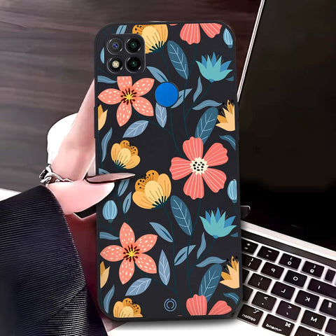 Xiaomi Redmi 9C Cover - Black - D2 - ONation Floral Series - HQ Liquid Silicone Soft Case