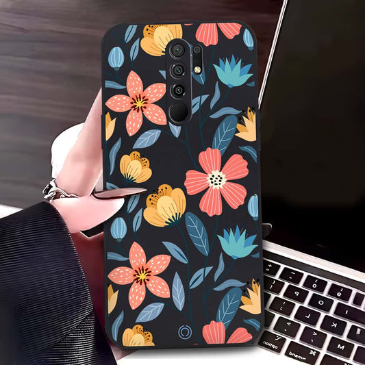 Xiaomi Redmi 9 Prime Cover - Black - D2 - ONation Floral Series - HQ Liquid Silicone Soft Case