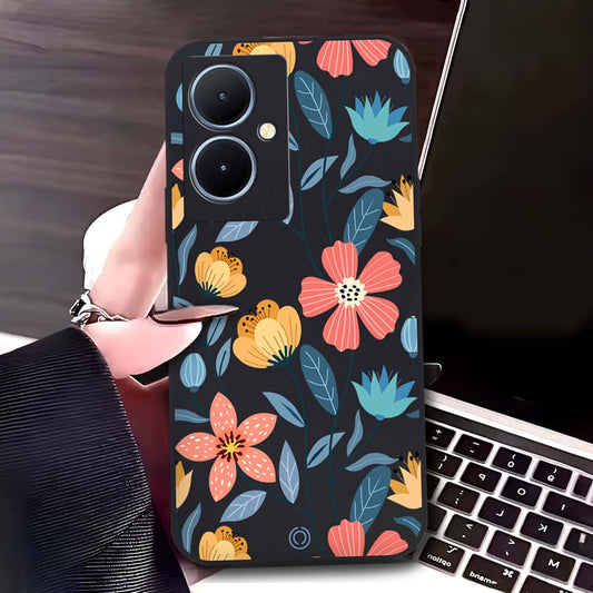 Vivo Y78 Plus 5G Cover - Black - D2 - ONation Floral Series - HQ Liquid Silicone Soft Case