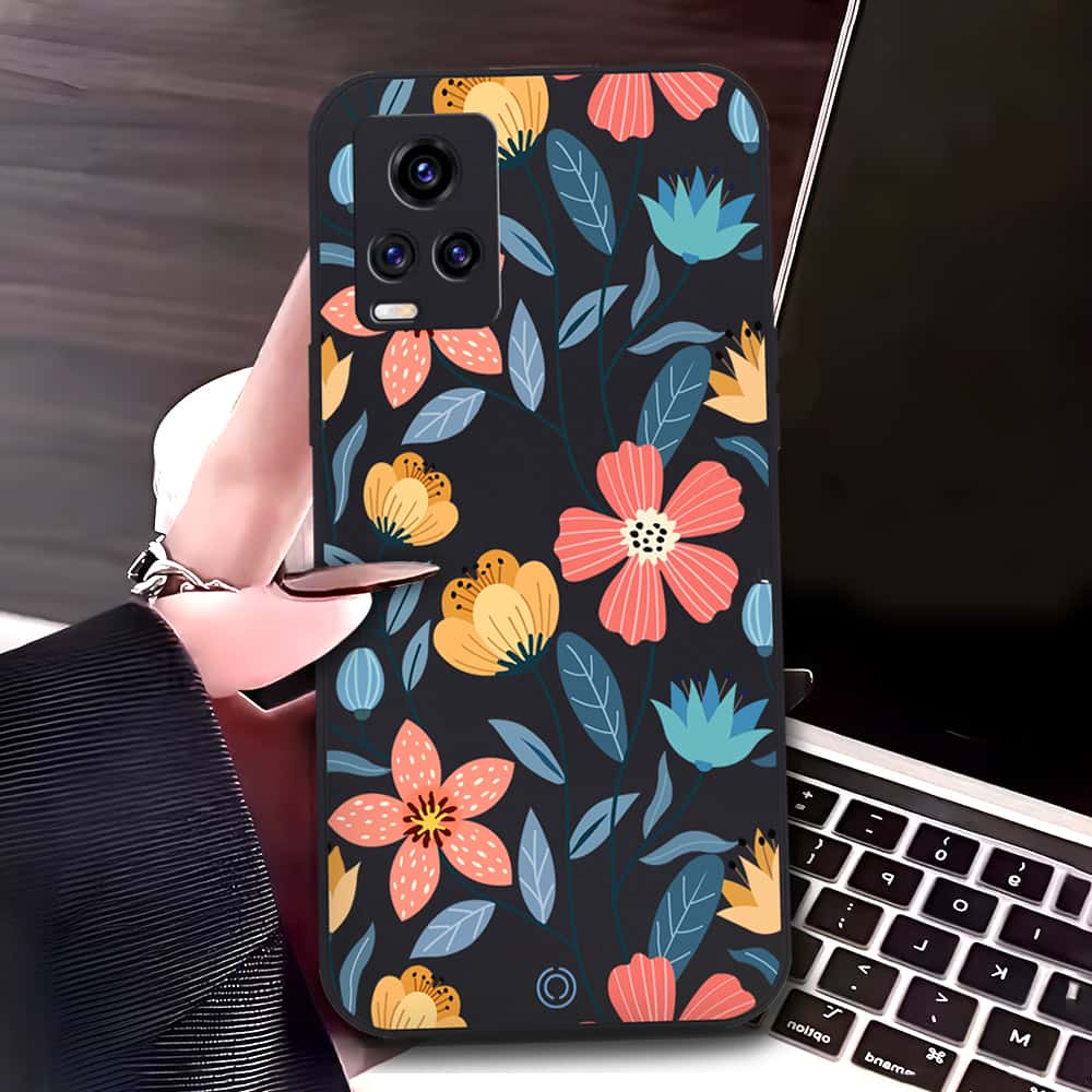 Vivo V20 Cover - Black - D2 - ONation Floral Series - HQ Liquid Silicone Soft Case