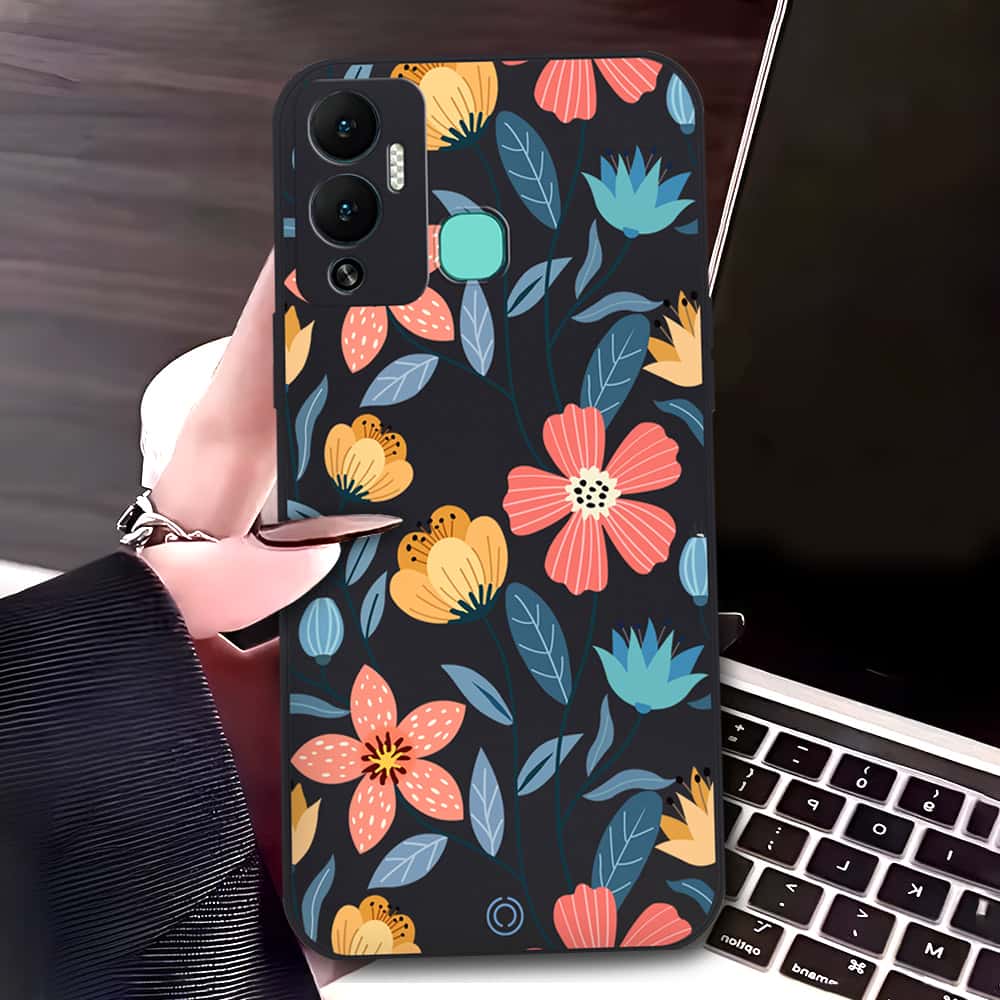 Infinix Hot 12 Play Cover - Black - D2 - ONation Floral Series - HQ Liquid Silicone Soft Case