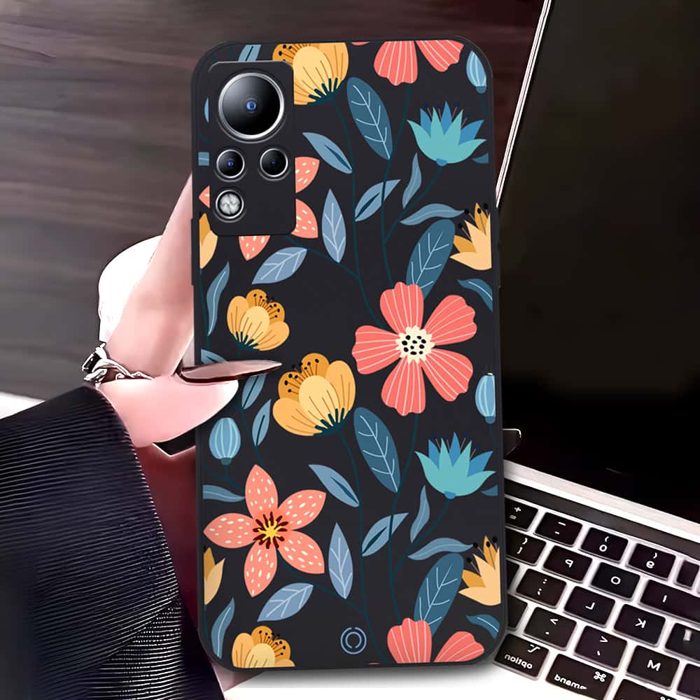 Infinix Note 11 Cover - Black - D2 - ONation Floral Series - HQ Liquid Silicone Soft Case