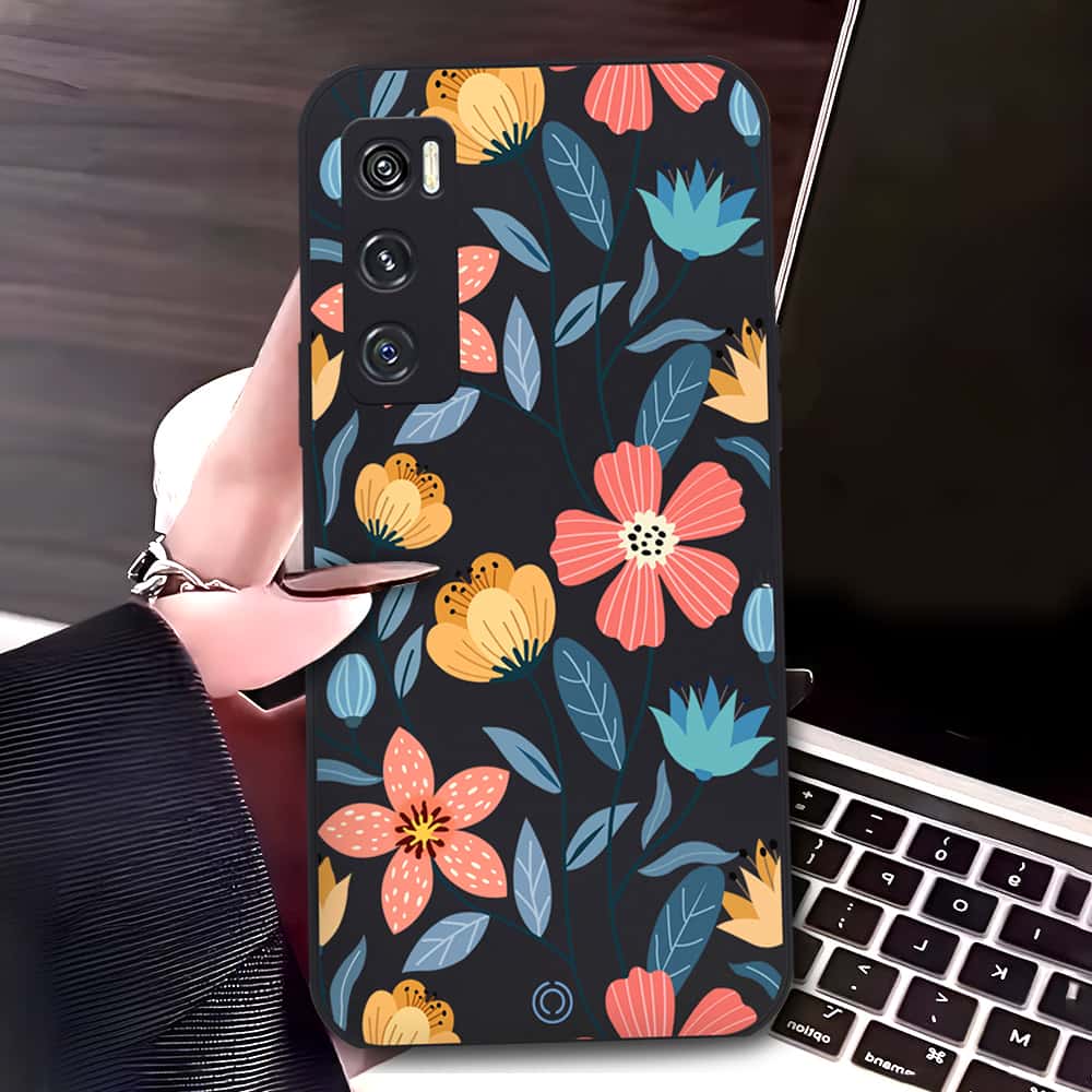 Vivo V20 SE Cover - Black - D2 - ONation Floral Series - HQ Liquid Silicone Soft Case