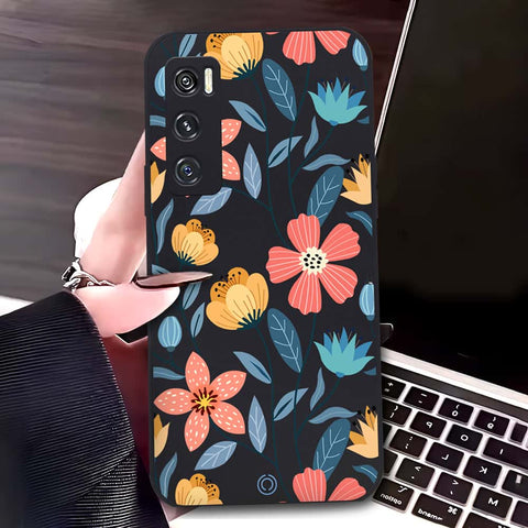 Vivo V20 SE Cover - Black - D2 - ONation Floral Series - HQ Liquid Silicone Soft Case