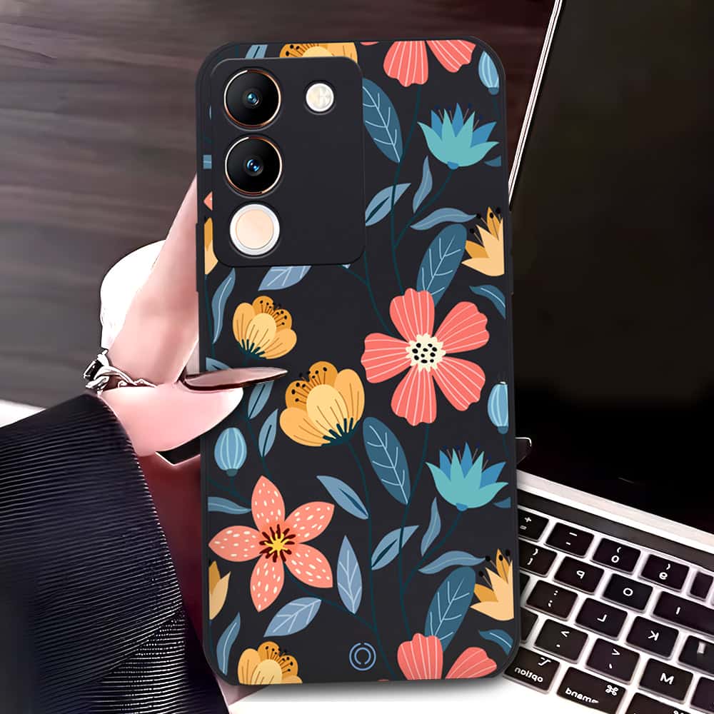 Vivo V29e Cover - Black - D2 - ONation Floral Series - HQ Liquid Silicone Soft Case