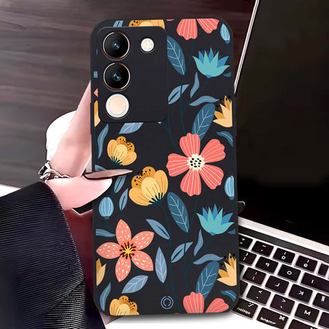 Vivo V29e Cover - Black - D2 - ONation Floral Series - HQ Liquid Silicone Soft Case