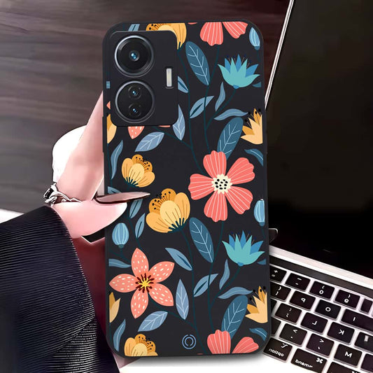 Vivo Y55 4G Cover - Black - D2 - ONation Floral Series - HQ Liquid Silicone Soft Case