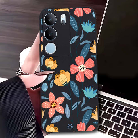 Vivo V29 Cover - Black - D2 - ONation Floral Series - HQ Liquid Silicone Soft Case