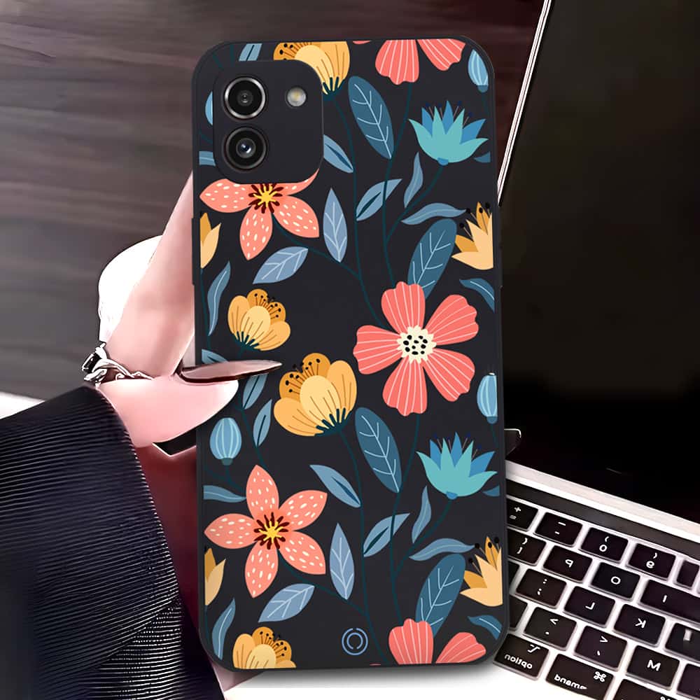 Samsung Galaxy A03 Cover - Black - D2 - ONation Floral Series - HQ Liquid Silicone Soft Case
