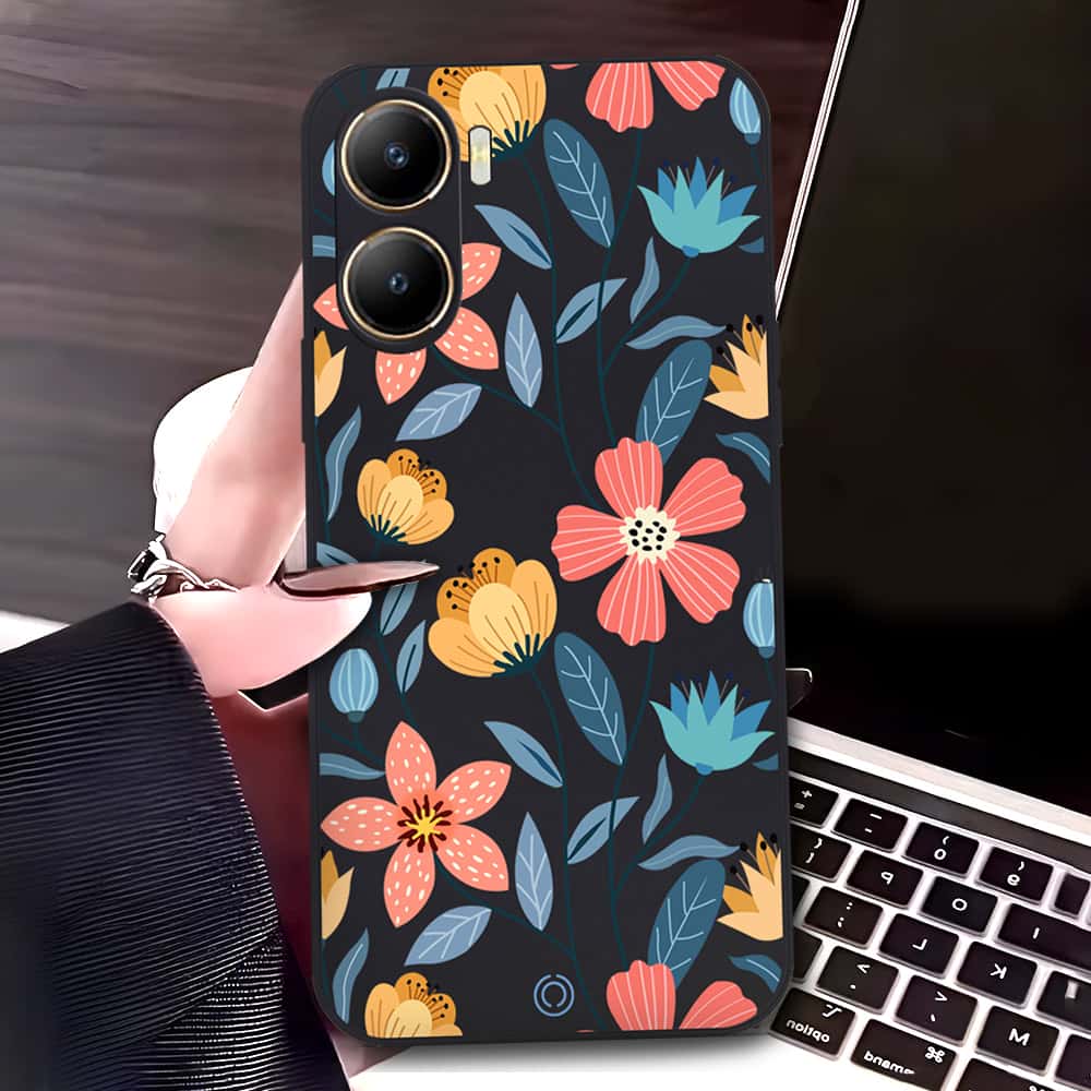 Vivo Y35m Cover - Black - D2 - ONation Floral Series - HQ Liquid Silicone Soft Case