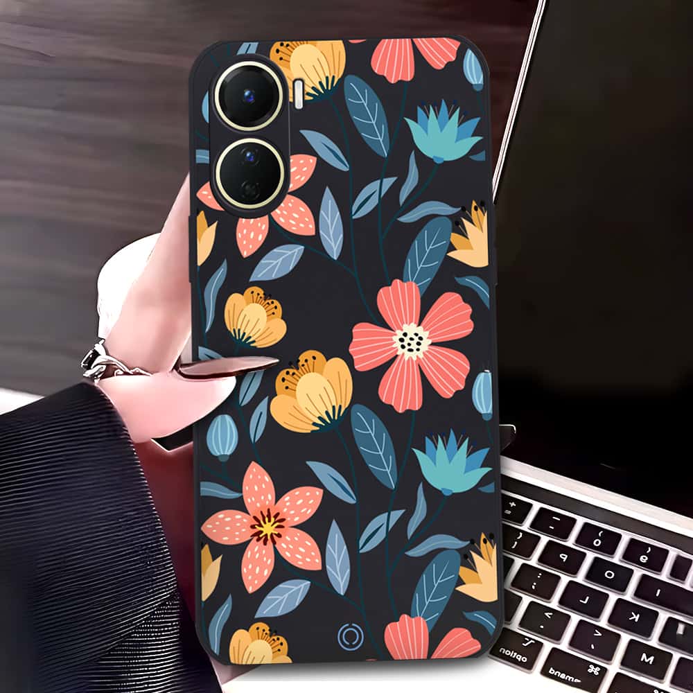 Vivo Y16 Cover - Black - D2 - ONation Floral Series - HQ Liquid Silicone Soft Case